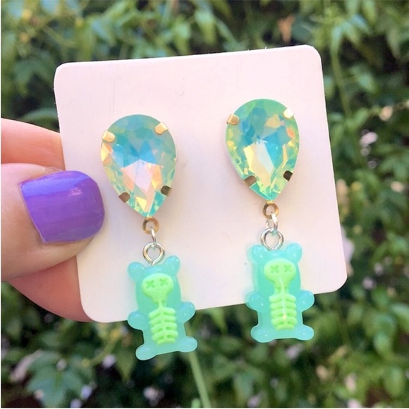 Green Opal AB Crystal + Skeleton Gummy Bear Halloween 🎃 Drop Earrings - Picture 1 of 3